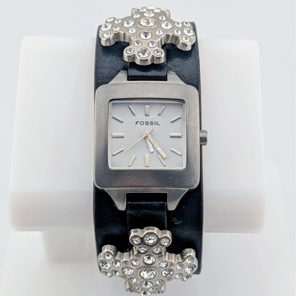 Fossil JR-8834 Women's Rhinestone Cross Cuff Watch Black Leather Y2K